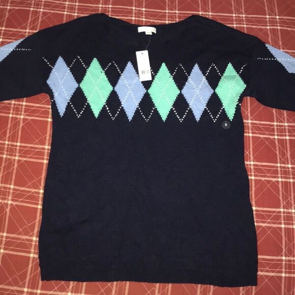 New York & company blue geometric print squares Christmas new year sweater - Picture 2 of 9